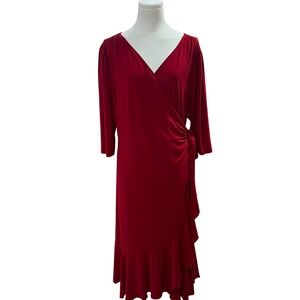 Kiyonna Red Wrap Midi Dress Ruffle Plus Size 3X Stretch Date Night